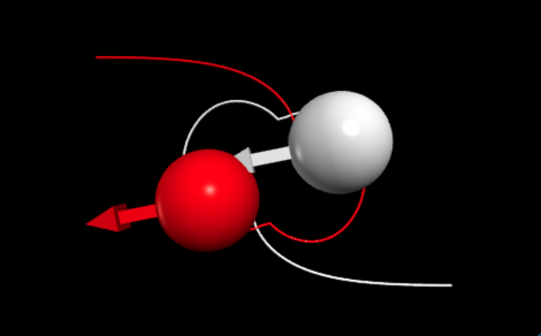 Simulation of two spherical magnets colliding, showing their curved paths and the orientation of their magnetic moments